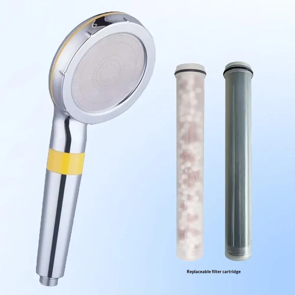 Supplier photo: the shower head beside two replacement cartridges
